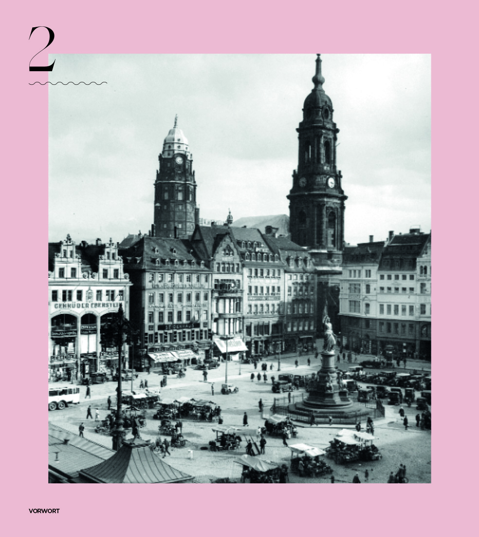 Schwarz-weiss-Bild eines Stadtplatzes mit Gebaeuden, Menschen und Autos; Text: "GEKRUEDER ERNST" und "VORWORT".