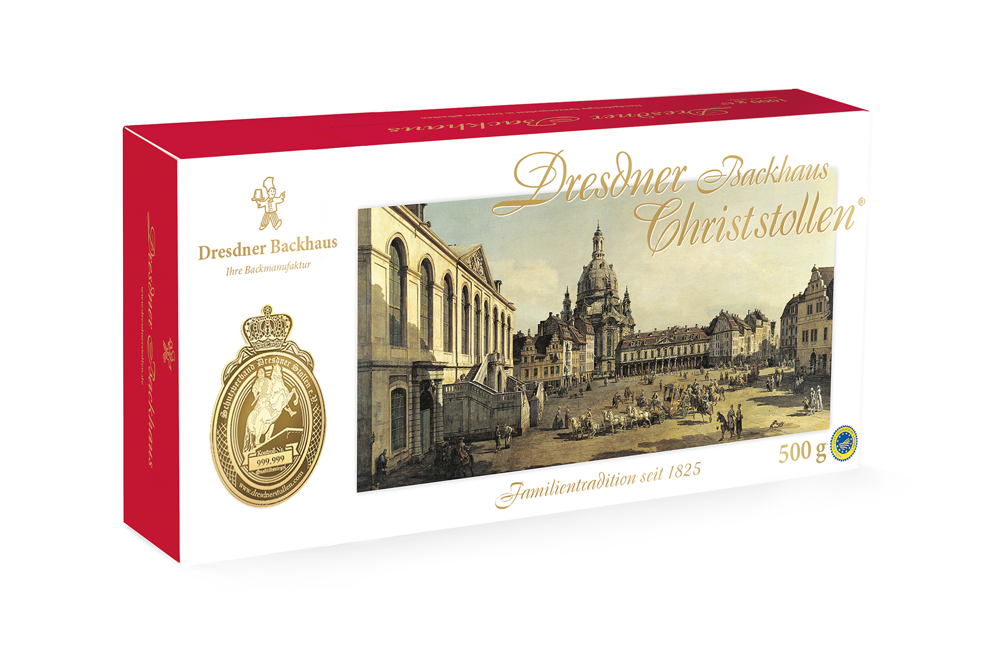 Verpackung_Christstollen_Karton_Motiv_Neumarkt_500g Dresdner Backhaus Christstollen® | 500g Karton Canaletto